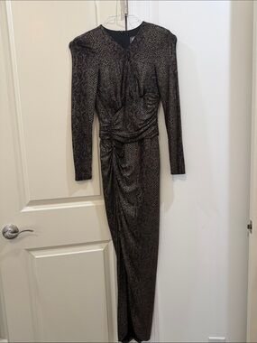 Vince Camuto Metallic Black Ruched Long Sleeve Gown